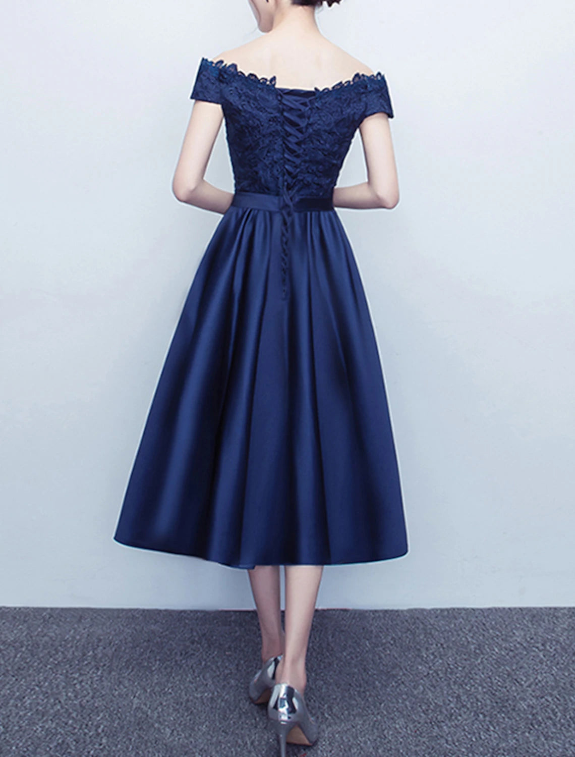 Wholesale A-Line Cocktail Dresses Minimalist Dress Party Wear Wedding Guest Tea Length Short Sleeve Off Shoulder Satin with Sash / Ribbon Bow(s) Pleats