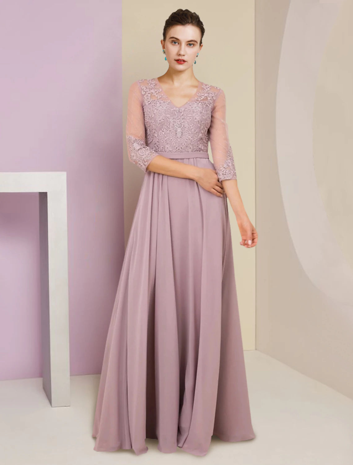 Wholesale  A-Line Mother of the Bride Dress Formal Wedding Guest Elegant V Neck Floor Length Chiffon Lace 3/4 Length Sleeve with Pleats Appliques