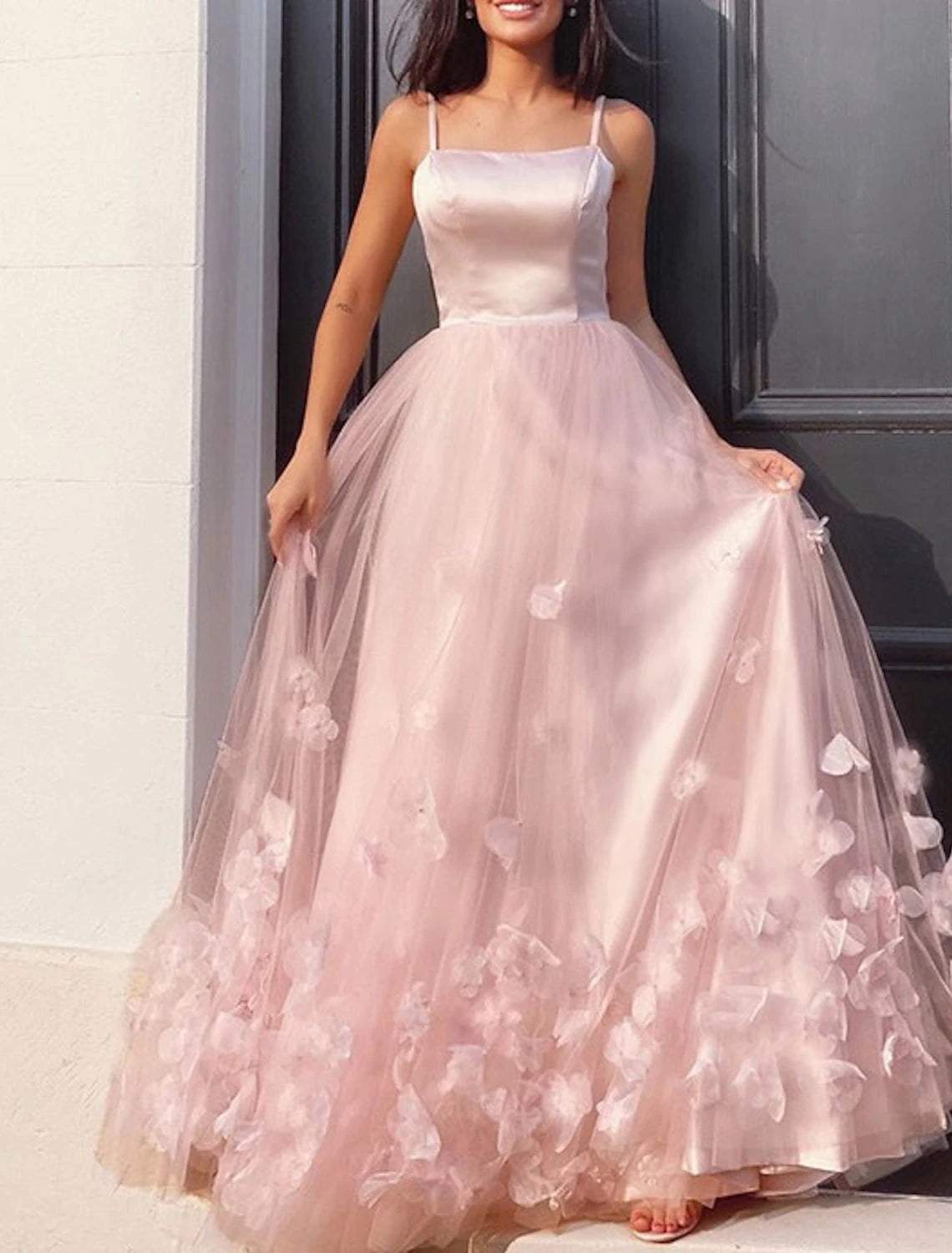 Wholesale  A-Line Prom Dresses Floral Dress Performance Sweet 16 Floor Length Sleeveless Spaghetti Strap Tulle with Pleats Appliques