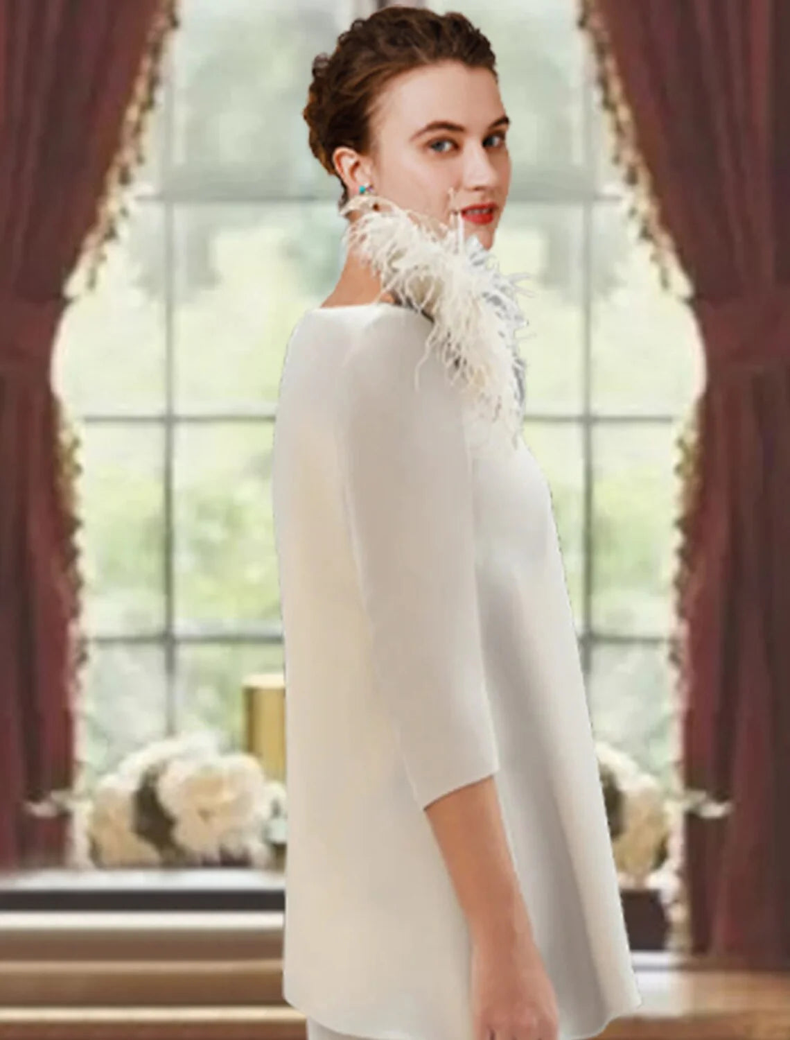 Wholesale Sheath / Column Mother of the Bride Dress Formal Wedding Guest Elegant Scoop Neck Sweep / Brush Train Stretch Fabric 3/4 Length Sleeve with Feather