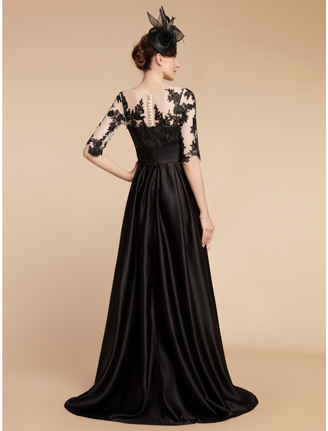 Wholesale A-Line Mother of the Bride Dress Wedding Guest Elegant Party Jewel Neck Sweep / Brush Train Satin Lace Half Sleeve with Split Front Ruching Solid Color