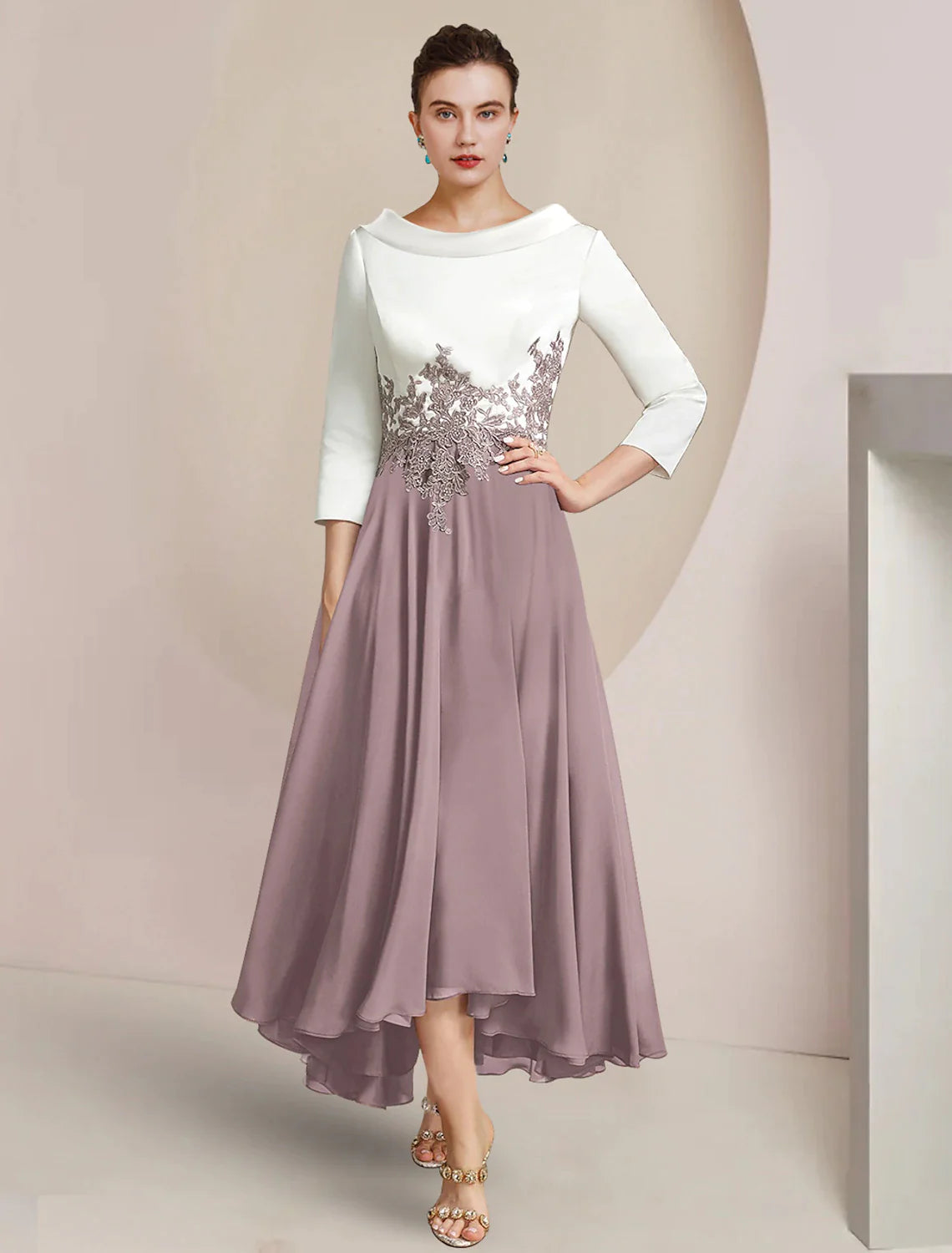 Wholesale A-Line Mother of the Bride Dress Formal Wedding Guest Elegant High Low Scoop Neck Asymmetrical Tea Length Chiffon Satin Lace 3/4 Length Sleeve with Pleats Appliques Color Block
