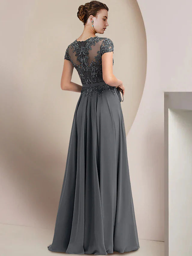 Wholesale Sheath / Column Mother of the Bride Dress Wedding Guest Party Elegant Jewel Neck Floor Length Chiffon Lace Short Sleeve with Pleats Sequin