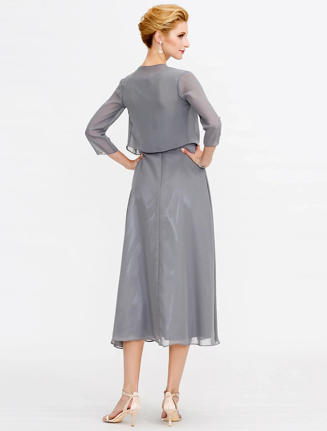 Wholesale A-Line Mother of the Bride Dress Fall Wedding Guest Dresses Plus Size Elegant Illusion Neck Tea Length Chiffon Corded Lace Sleeveless Wrap Included with Lace Pleats