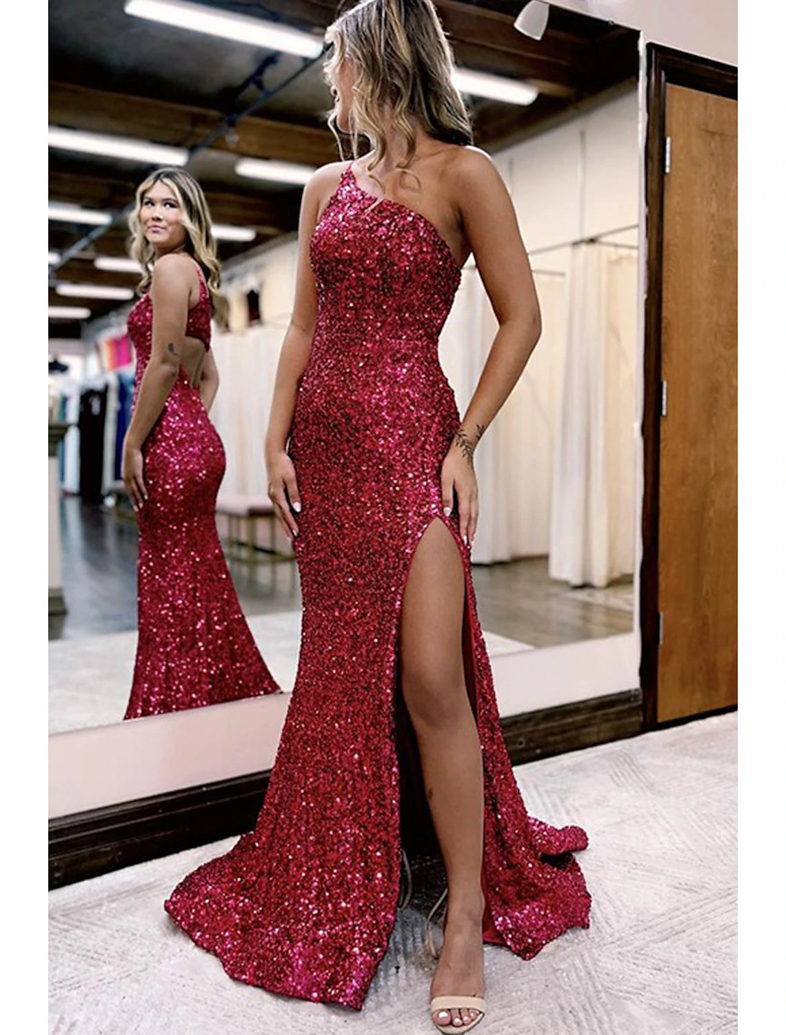 Wholesale  Mermaid / Trumpet Prom Dresses Sparkle & Shine Dress Formal Wedding Party Court Train Sleeveless One Shoulder Sequined with Sequin Slit