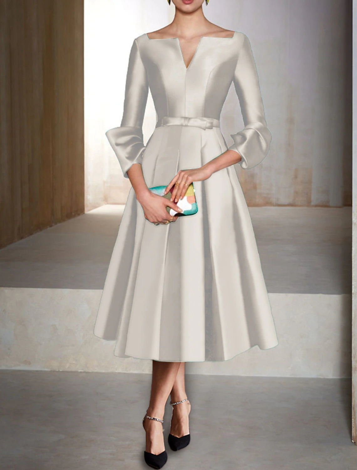 Wholesale A-Line Cocktail Dress Christmas Red Green Dresses Elegant Dress Formal Wedding Guest Tea Length 3/4 Length Sleeve V Neck Satin with Pleats