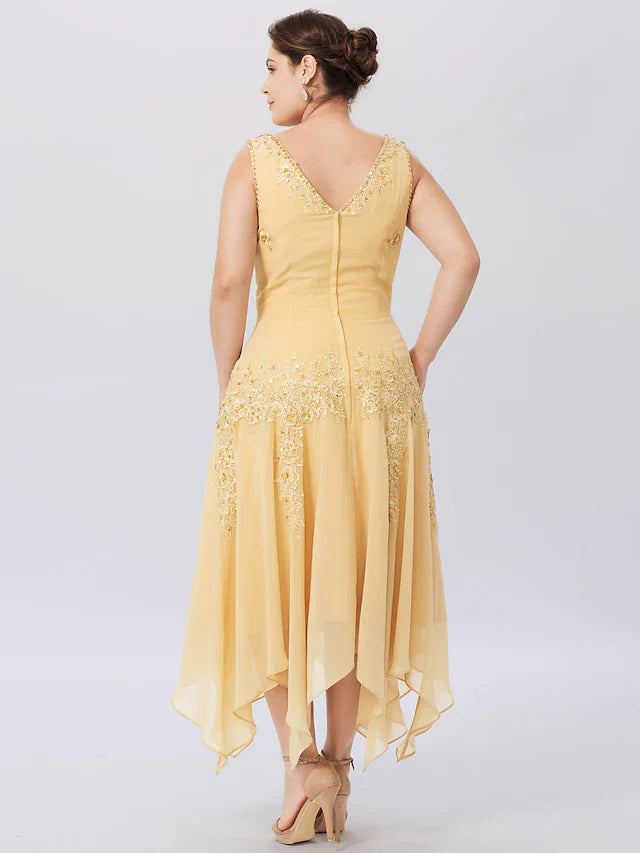 Wholesale A-Line Mother of the Bride Dress Formal Plus Size Elegant High Low V Neck Asymmetrical Chiffon Beaded Lace Long Sleeve Wrap Included with Beading Appliques
