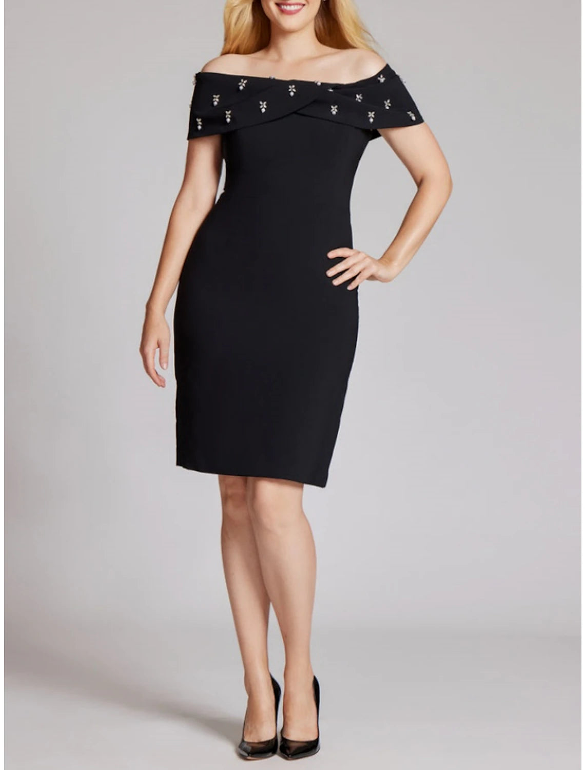 Wholesale Sheath / Column Wedding Guest Dresses Elegant Dress Homecoming Knee Length Black Dress Short Sleeve Off Shoulder Stretch Fabric with Crystals