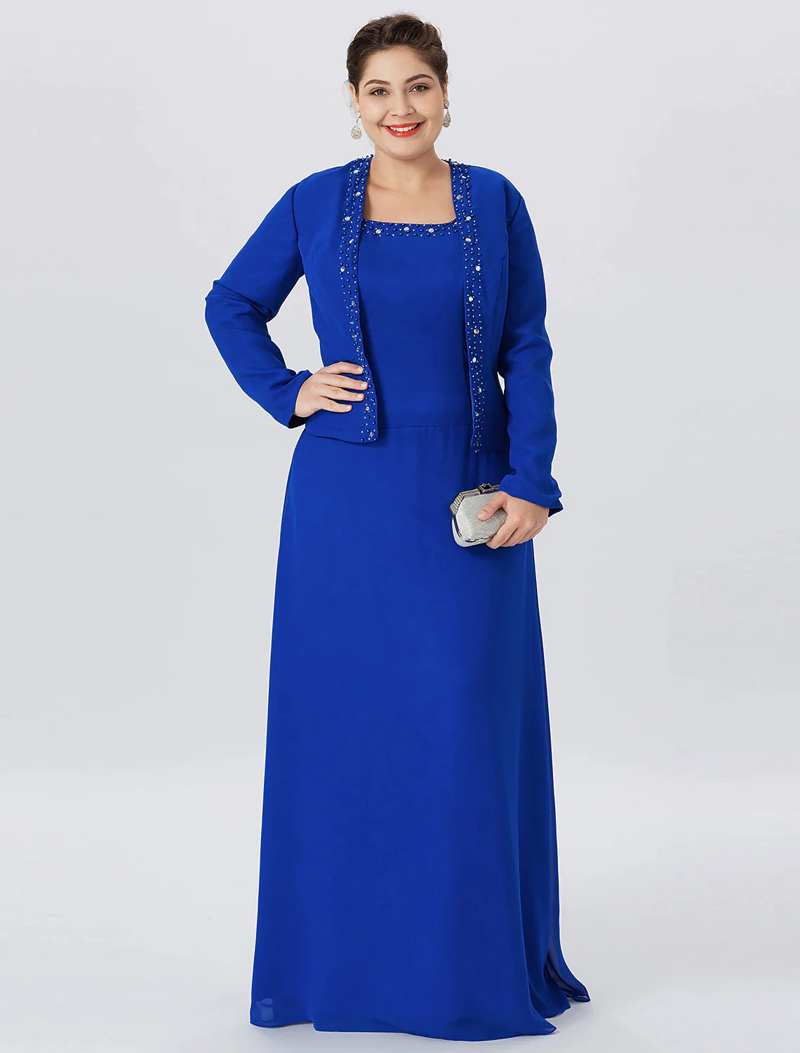 Wholesale A-Line Mother of the Bride Dress Formal Classic & Timeless Elegant & Luxurious Plus Size Straps Floor Length Chiffon Lace Long Sleeve Wrap Included with Pearls Crystals