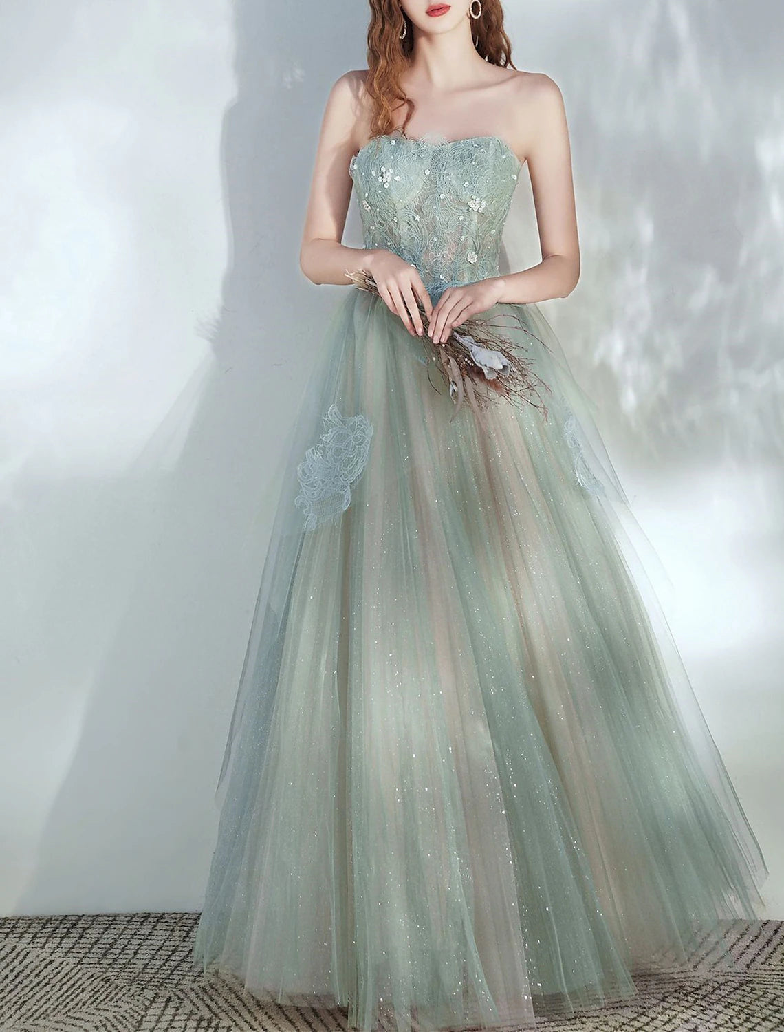 Wholesale A-Line Party Dresses Glittering Dress Prom Birthday Floor Length Sleeveless Strapless Tulle with Glitter