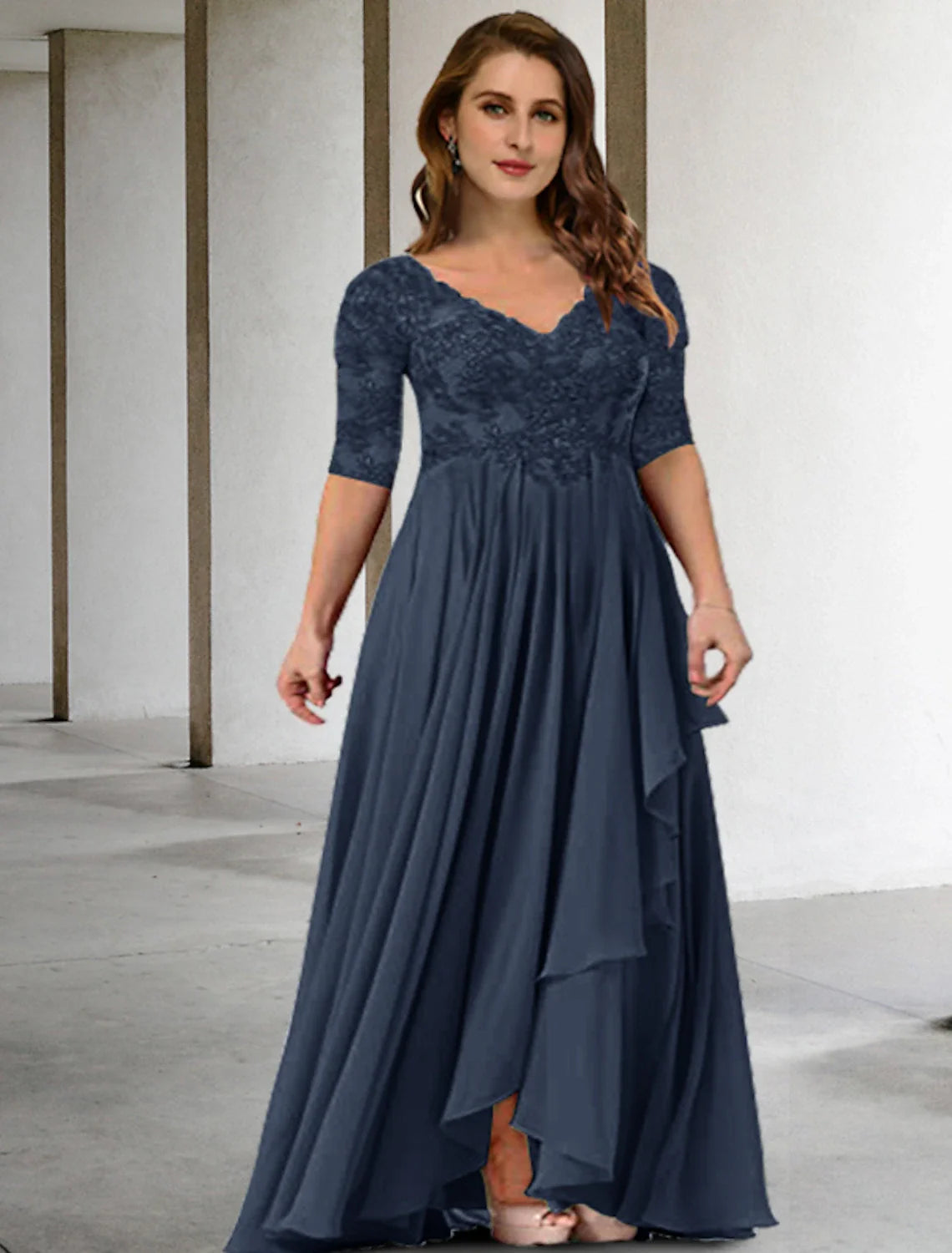 Wholesale Two Piece A-Line Mother of the Bride Dresses Plus Size Hide Belly Curve Elegant Dress Formal Floor Length Half Sleeve V Neck Chiffon with Pleats Appliques
