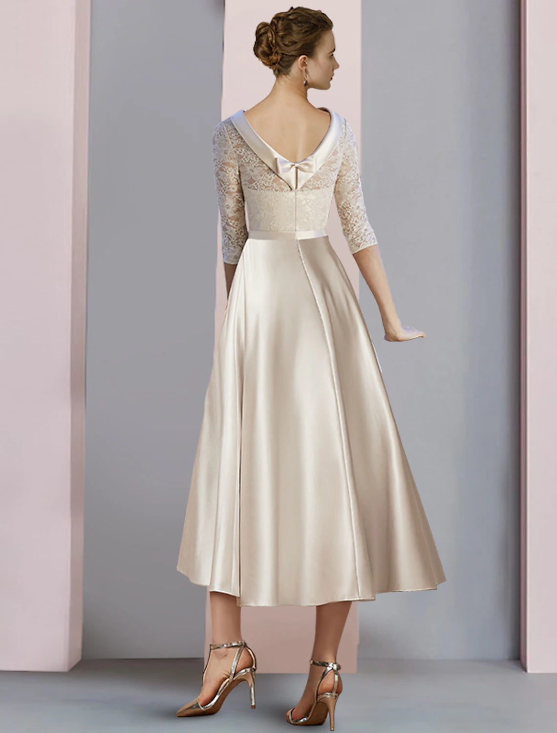 Wholesale  Sheath / Column Mother of the Bride Dress Wedding Guest Party Elegant Scoop Neck Tea Length Satin Lace Half Sleeve with Bow(s) Pleats
