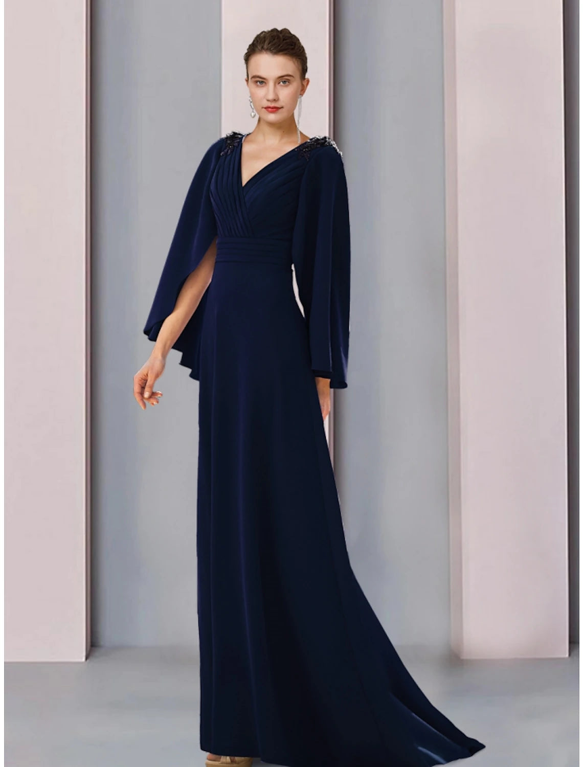 Wholesale A-Line Mother of the Bride Dress Wedding Guest Elegant V Neck Sweep / Brush Train Stretch Chiffon Long Sleeve with Sequin Ruching Solid Color