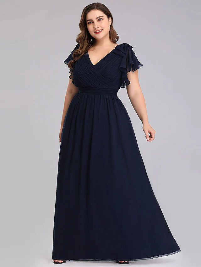 Wholesale A-Line Mother of the Bride Dress Plus Size V Neck Floor Length Chiffon Short Sleeve with Ruffles Ruching