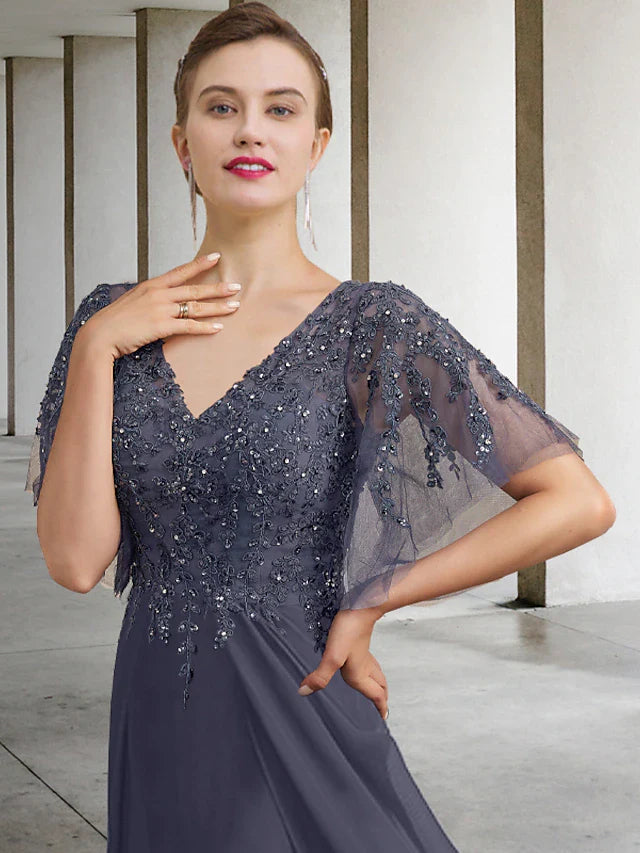 Wholesale A-Line Plus Size Curve Mother of the Bride Dress Elegant V Neck Floor Length Chiffon Lace Short Sleeve with Beading Sequin Appliques