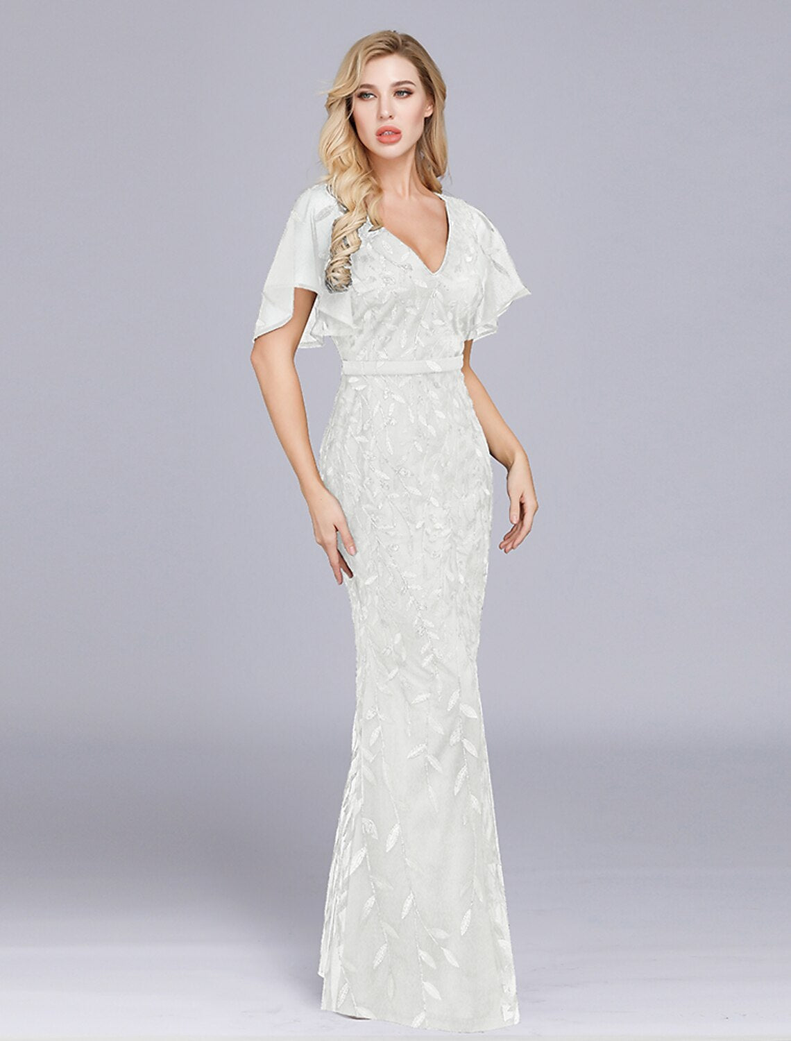 Wholesale  Mermaid / Trumpet Evening Gown Empire Dress Party Wear Formal Evening Floor Length Short Sleeve Jewel Neck Tulle with Ruffles Embroidery