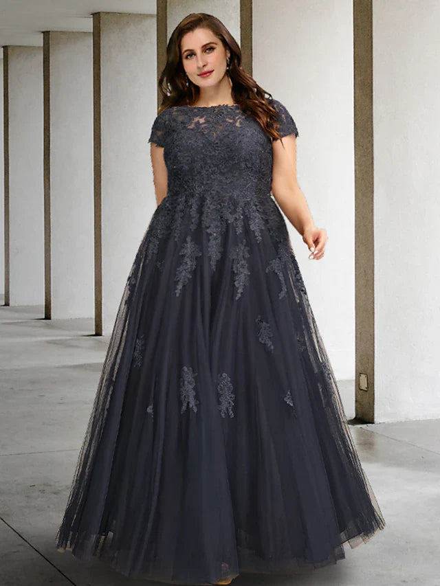 Wholesale A-Line Plus Size Curve Mother of the Bride Dresses Elegant Dress Formal Floor Length Short Sleeve Jewel Neck Lace with Pleats Appliques