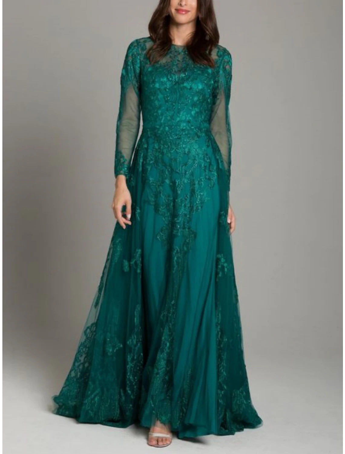 Wholesale A-Line Mother of the Bride Dress Wedding Guest Elegant Jewel Neck Floor Length Lace Tulle Long Sleeve with Ruching Solid Color