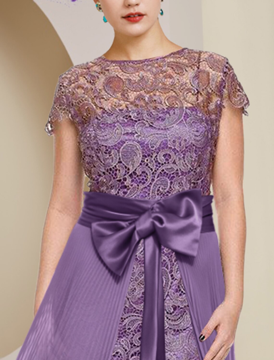 Wholesale  Two Piece Sheath / Column Mother of the Bride Dress Formal Wedding Guest Elegant detachable Scoop Neck Knee Length Chiffon Lace Short Sleeve with Bow(s) Pleats Appliques