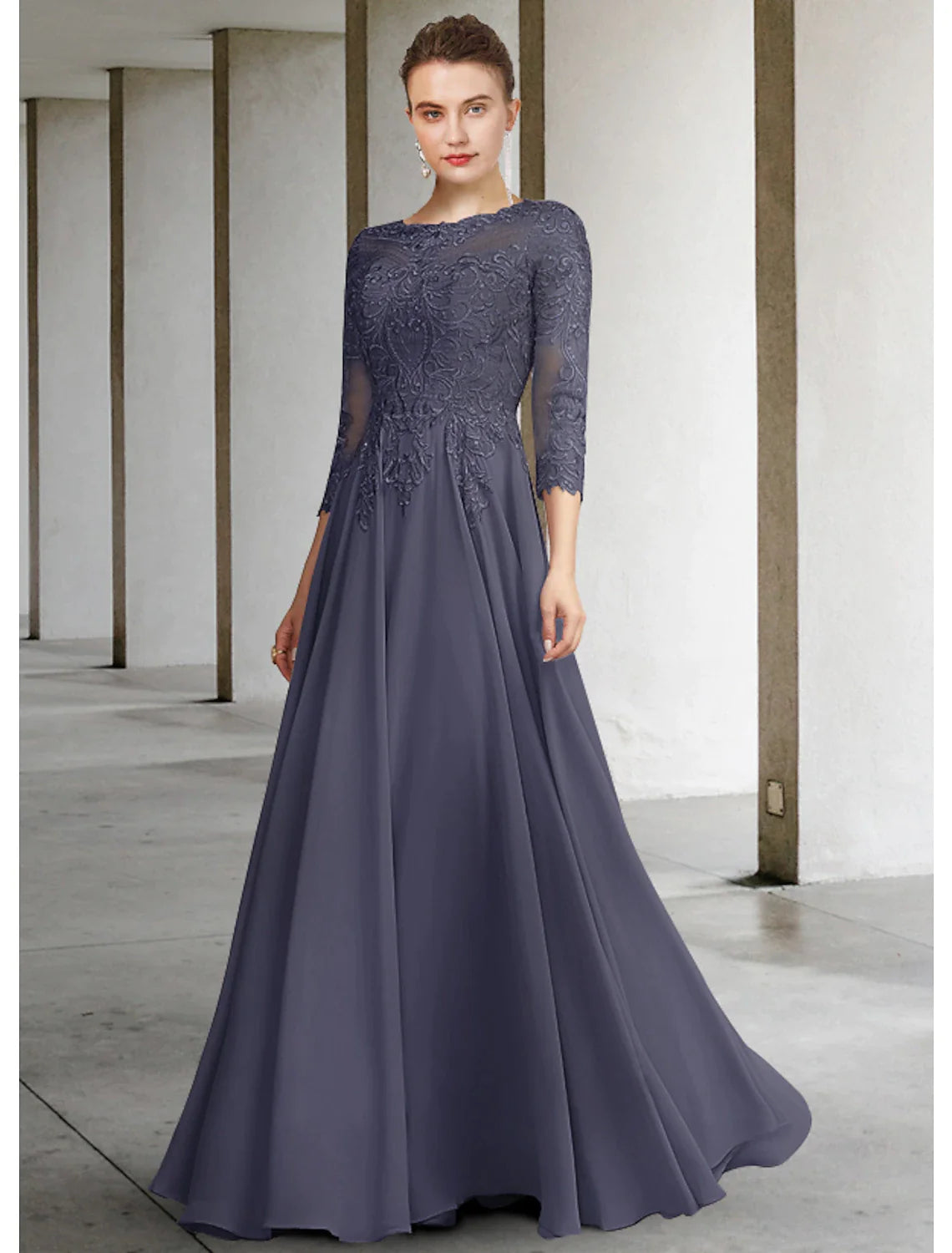 Wholesale A-Line Mother of the Bride Dress Elegant Jewel Neck Floor Length Chiffon Lace 3/4 Length Sleeve with Pleats Appliques