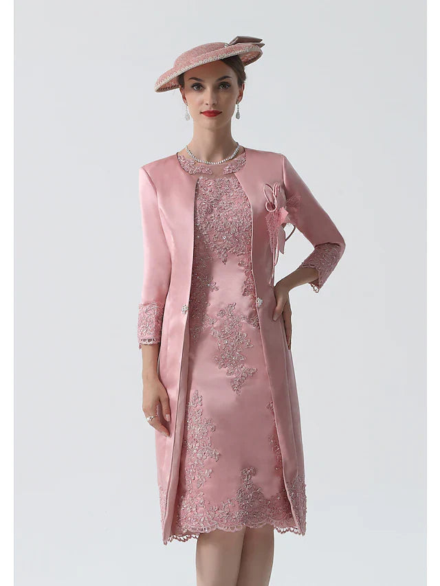 Wholesale Sheath / Column Mother of the Bride Dress Vintage Plus Size Jewel Neck Knee Length Satin Lace 3/4 Length Sleeve Jacket Dresses with Appliques