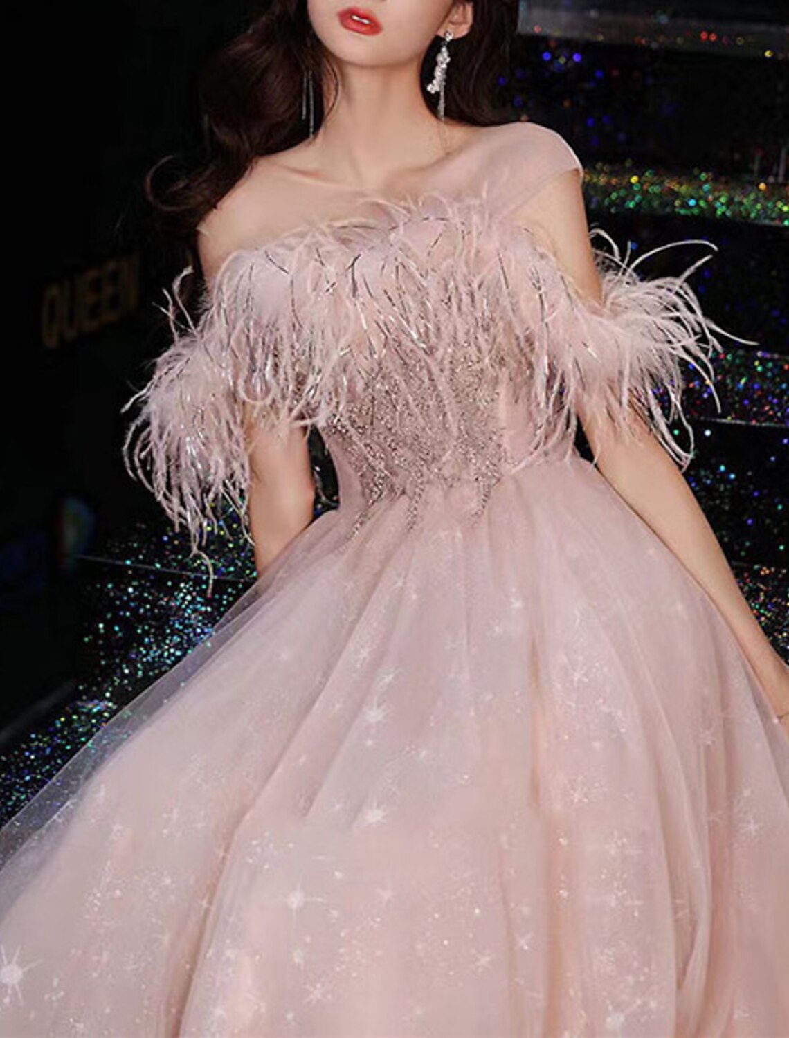 Wholesale A-Line Party Dresses Glittering Dress Prom Wedding Party Floor Length Sleeveless Jewel Neck Tulle with Feather Glitter