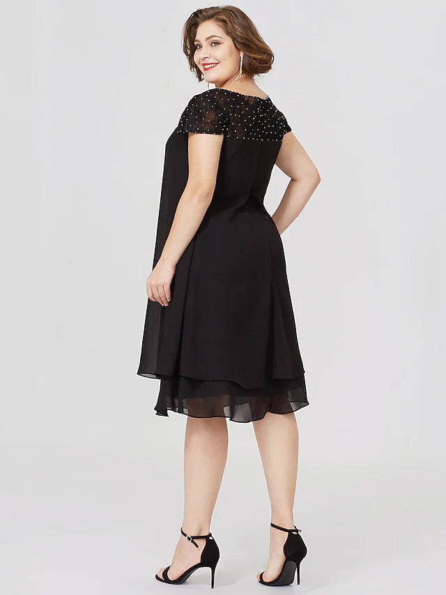 Wholesale Sheath / Column Mother of the Bride Dress Formal Little Black Dress Plus Size See Through Jewel Neck Knee Length Chiffon Lace Short Sleeve No with Pleats Beading Lace Insert