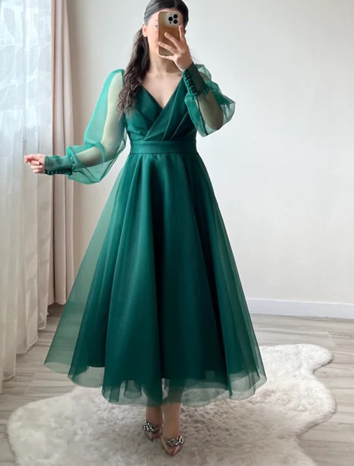 Wholesale A-Line Cocktail Dresses Minimalist Dress Christmas Wedding Guest Tea Length Long Sleeve V Neck Organza with Buttons Pure Color