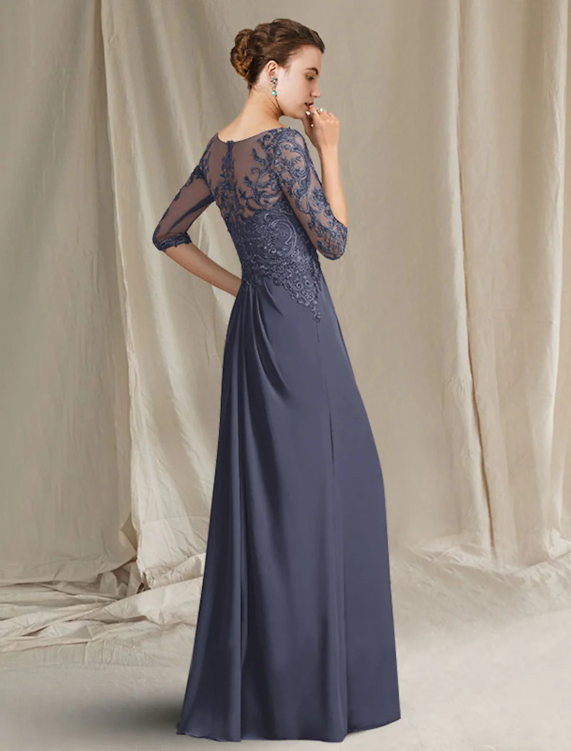 Wholesale Sheath / Column Mother of the Bride Dress Plus Size Elegant Jewel Neck Floor Length Chiffon Lace 3/4 Length Sleeve with Pleats Ruffles Appliques