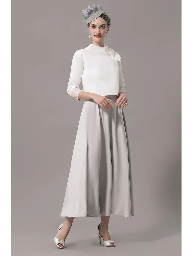 Wholesale Two Piece Mother of the Bride Dress Church Elegant Jewel Neck Ankle Length Stretch Satin 3/4 Length Sleeve with Bow(s)