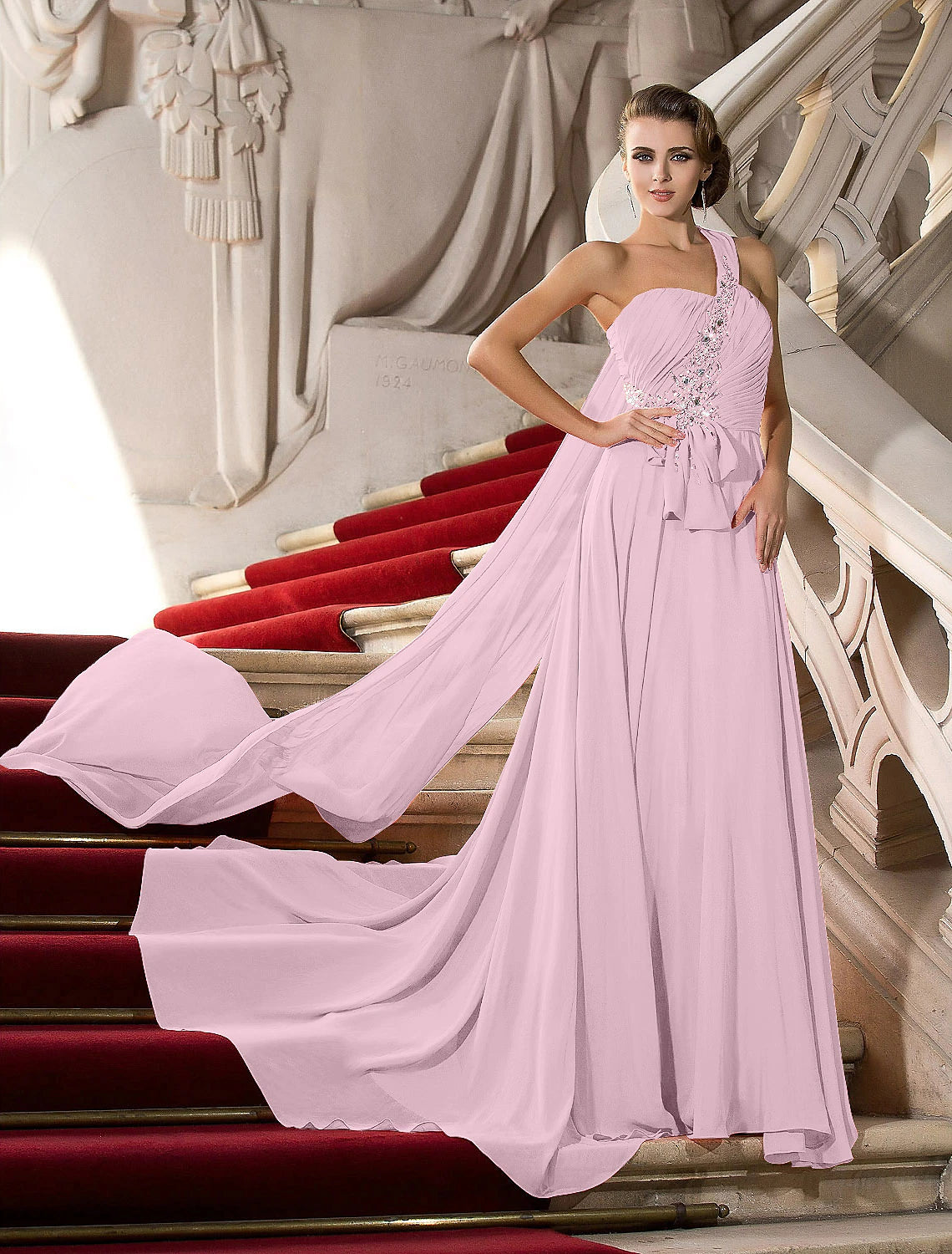 Wholesale  A-Line Elegant Dress Wedding Guest Engagement Court Train Sleeveless One Shoulder Chiffon with Crystals Draping