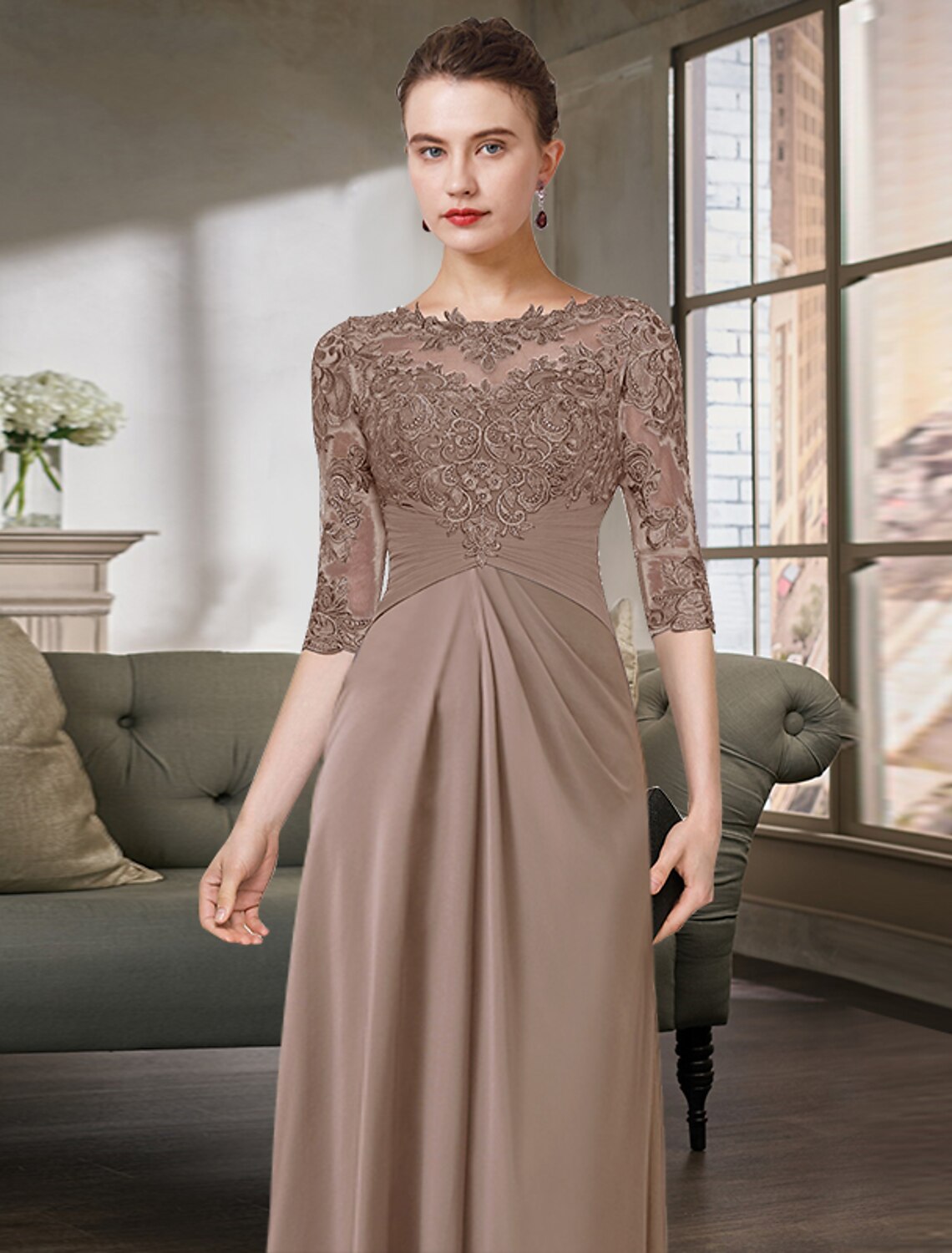Wholesale  Sheath / Column Mother of the Bride Dress Simple Elegant Jewel Neck Floor Length Chiffon Lace Half Sleeve with Pleats Solid