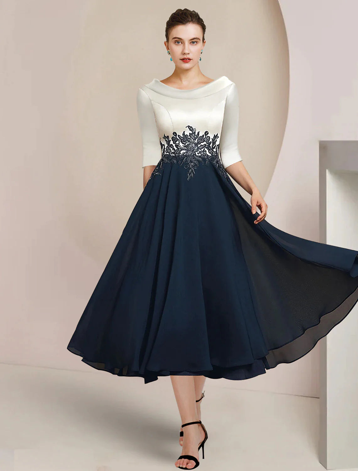 Wholesale A-Line Mother of the Bride Dress Formal Wedding Guest Elegant Vintage Bateau Neck Tea Length Chiffon Lace 3/4 Length Sleeve with Pleats Appliques Color Block