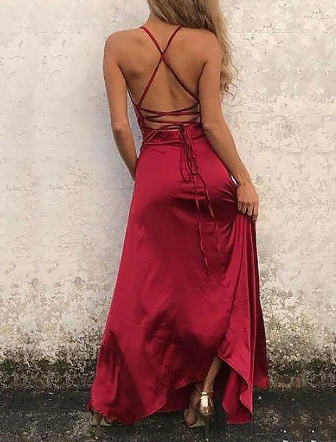 Wholesale  A-Line Beautiful Back Sexy High Split Engagement Prom Formal Evening Dress Spaghetti Strap Sleeveless Floor Length Satin with Ruffles Slit