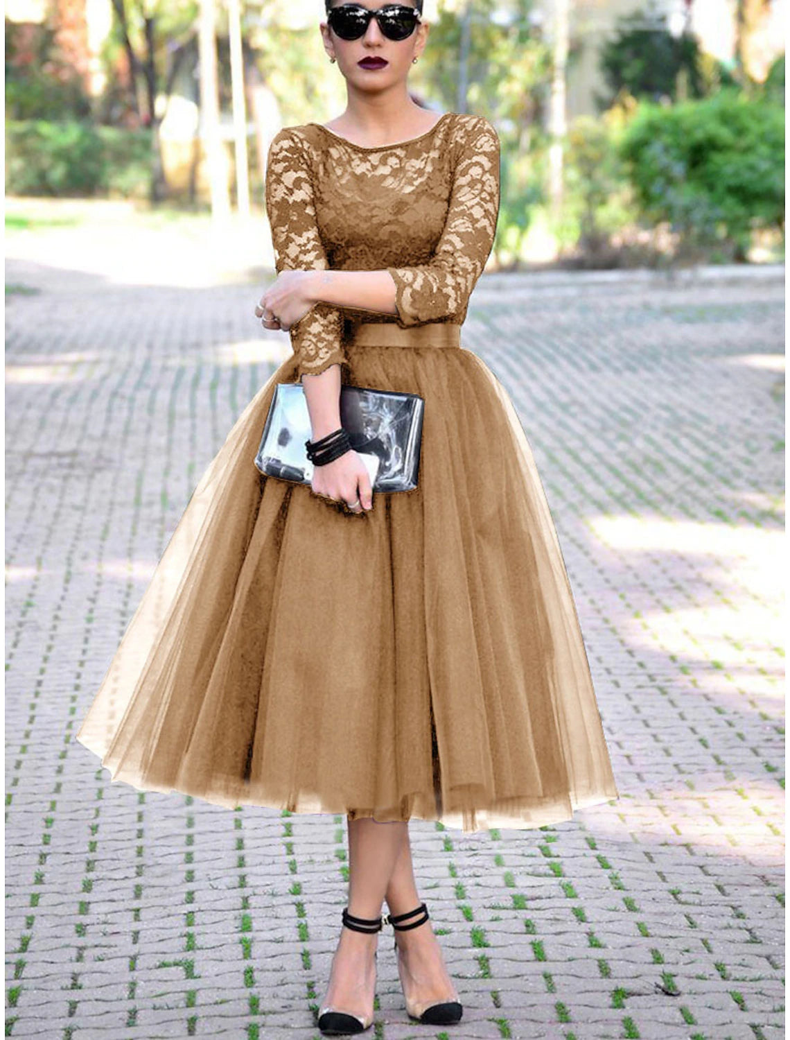 Wholesale A-Line Cocktail Black Dress Vintage Dress Halloween Ankle Length 3/4 Length Sleeve Jewel Neck Fall Wedding Guest Tulle with Pleats Lace Insert