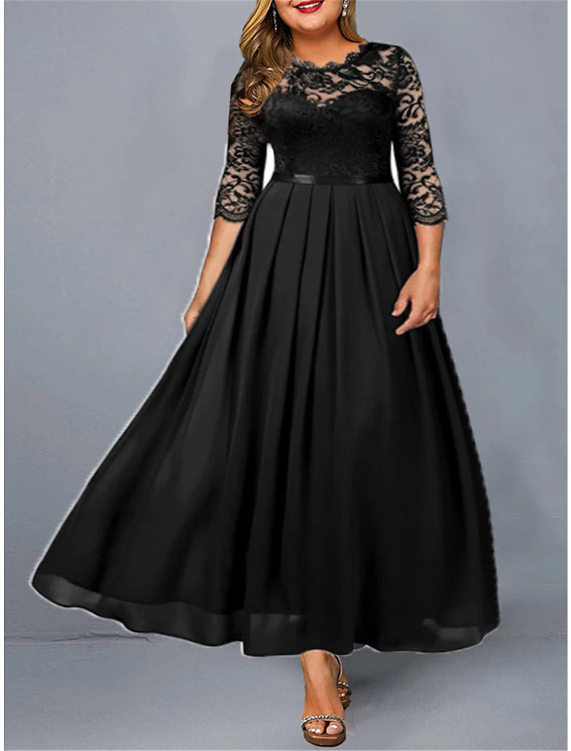 Wholesale Women's Plus Size Green Chirstmas Dress Curve Party Dress Lace Dress Homecoming Dress Solid Color Long Dress Maxi Dress 3/4 Length Sleeve Lace Crew Neck Modern Party Black Wine Summer Spring