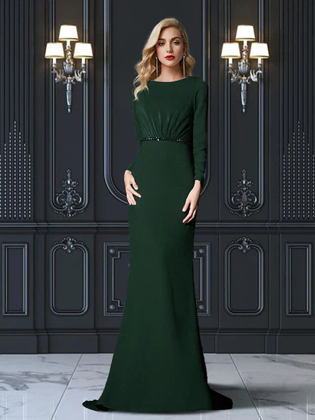 Wholesale Sheath / Column Mother of the Bride Dress Plus Size Elegant Jewel Neck Sweep / Brush Train Chiffon Long Sleeve with Sash / Ribbon
