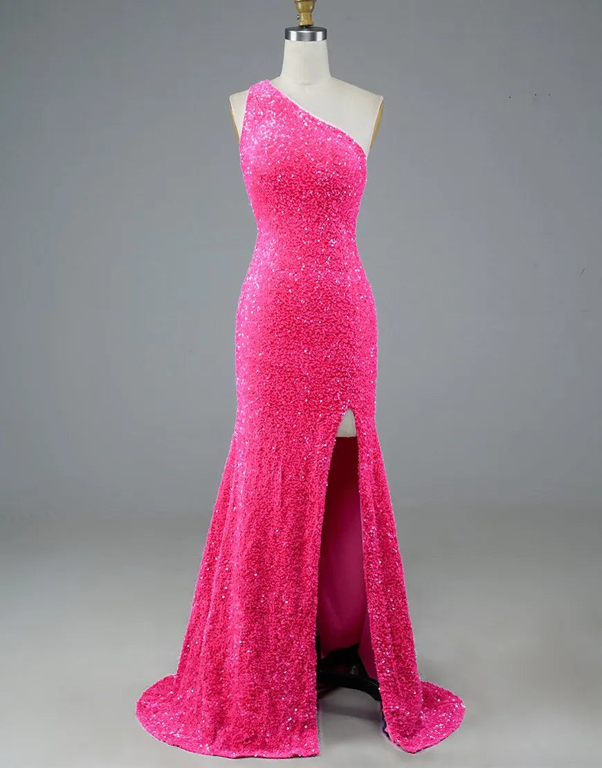Wholesale Hot Pink Mermaid Glitter One-Shoulder Backless Prom Dress With Sequins long prom dresses with sleeves