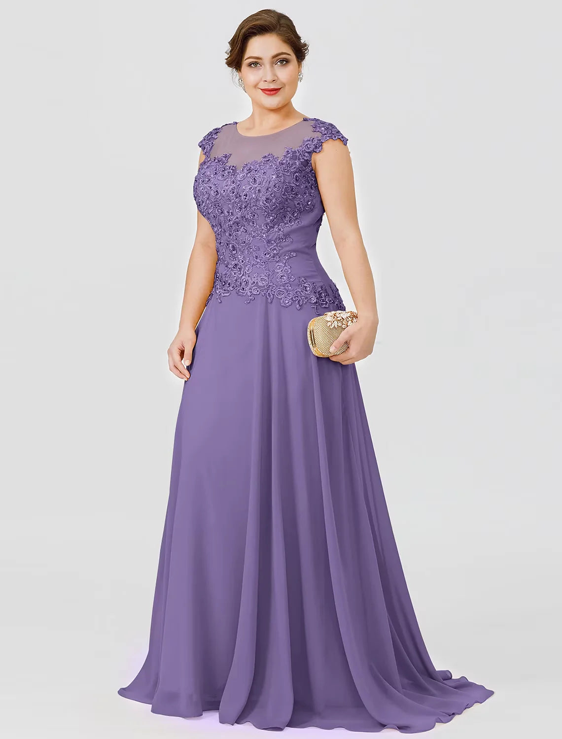 Wholesale A-Line Mother of the Bride Dress Plus Size Elegant Illusion Neck Sweep / Brush Train Chiffon Beaded Lace Short Sleeve No with Bow(s) Pleats