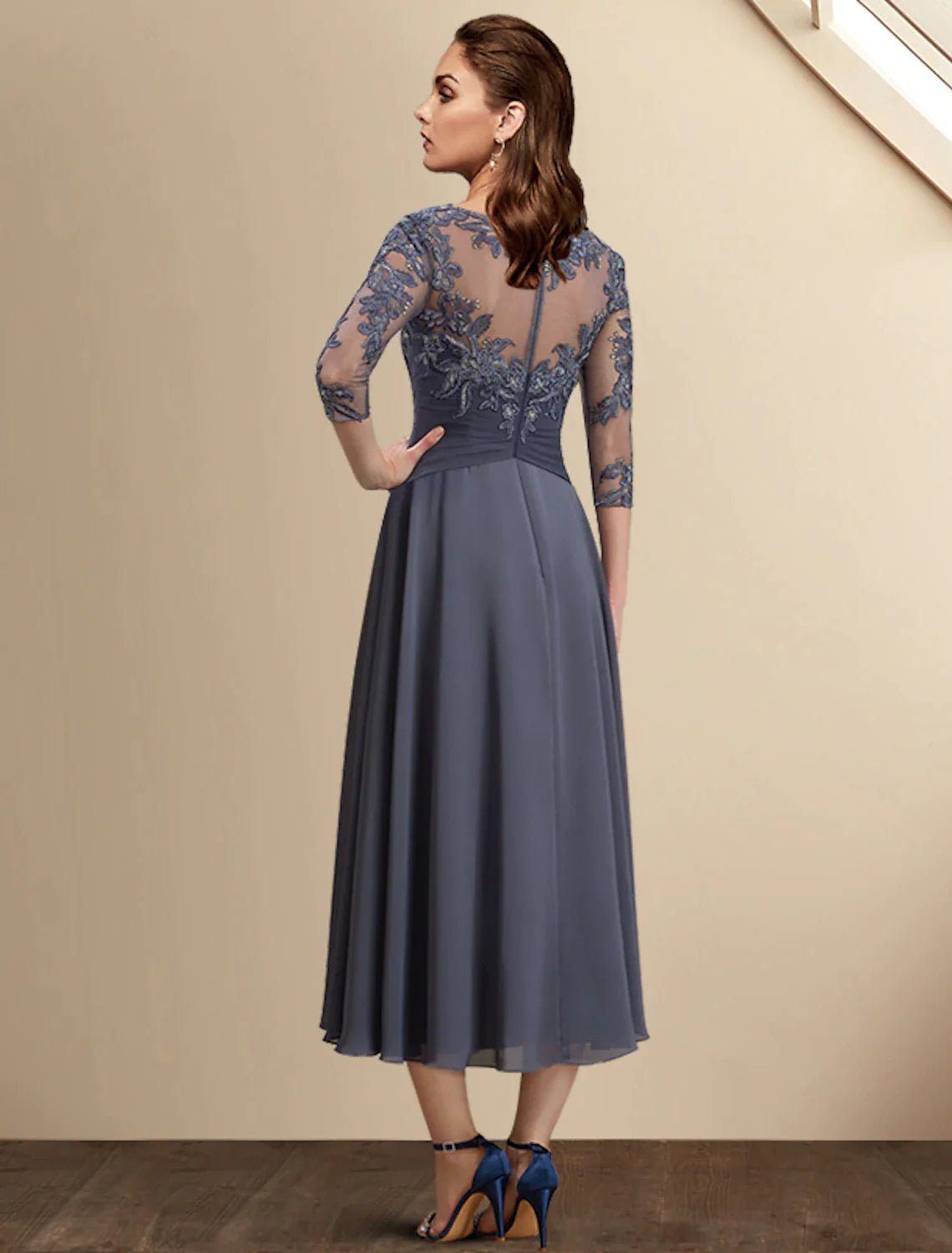 Wholesale A-Line Mother of the Bride Dress Wedding Guest Plus Size Elegant High Low Jewel Neck Asymmetrical Tea Length Chiffon Lace 3/4 Length Sleeve with Sequin Appliques Fall