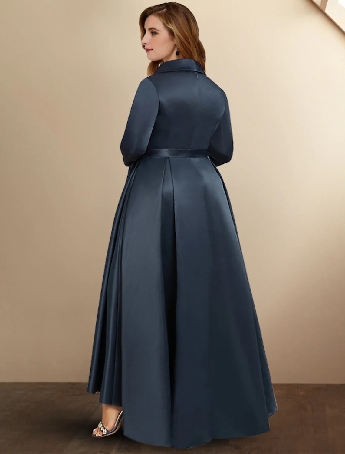 Wholesale A-Line Mother of the Bride Dresses Plus Size Hide Belly Curve High Low Dress Formal Asymmetrical 3/4 Length Sleeve Shirt Collar Satin with Bow(s) Pleats