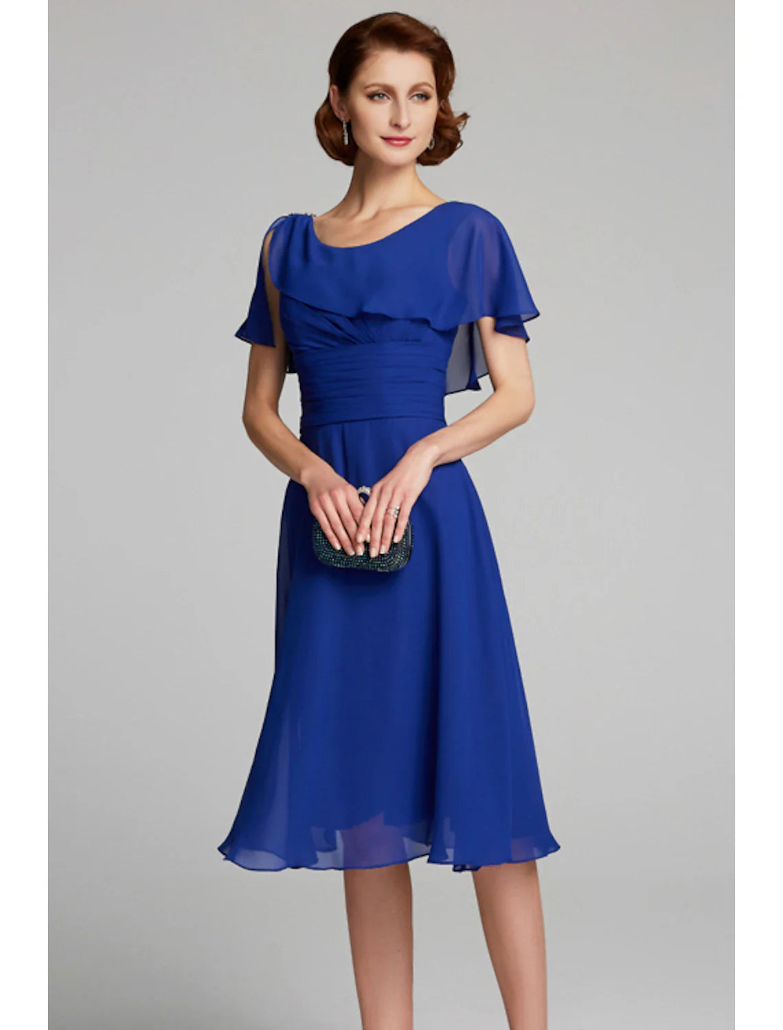 Wholesale A-Line Mother of the Bride Dress Cowl Neck Knee Length Chiffon Short Sleeve with Ruffles