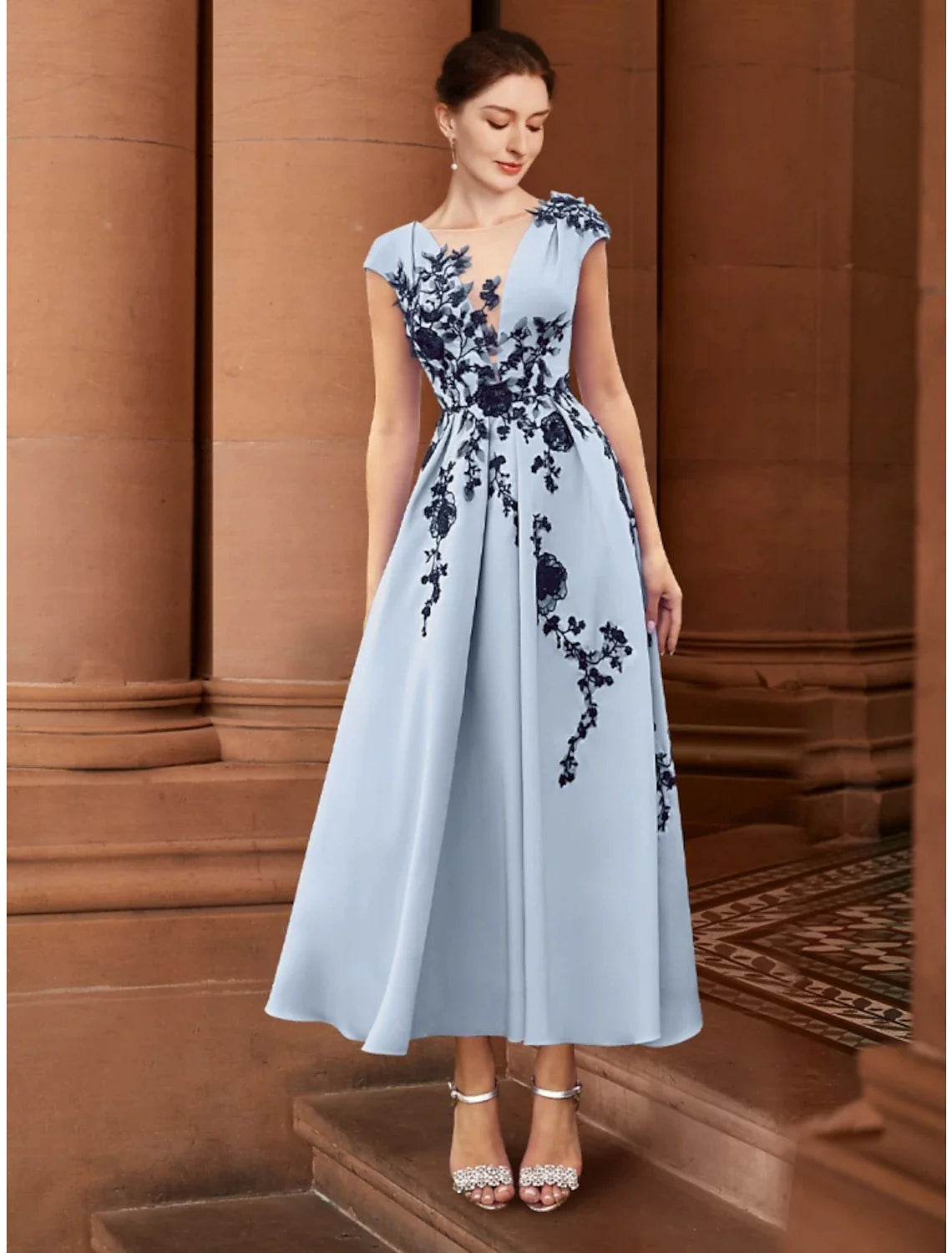 Wholesale A-Line Mother of the Bride Dress Wedding Guest Elegant Illusion Neck Ankle Length Stretch Chiffon Cap Sleeve with Appliques Ruching