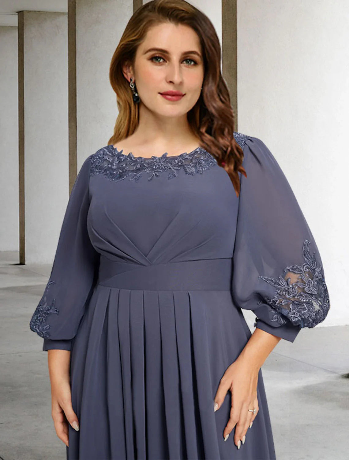 Wholesale A-Line Mother of the Bride Dresses Plus Size Hide Belly Curve Elegant Dress Formal Asymmetrical 3/4 Length Sleeve Jewel Neck Chiffon with Pleats Appliques