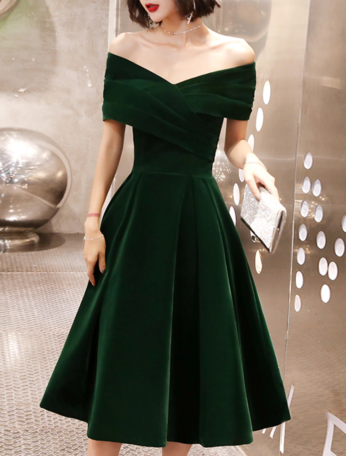 Wholesale A-Line Cocktail Dresses Black Dress Cocktail Party Prom Tea Length Short Sleeve Off Shoulder Velvet with Ruched