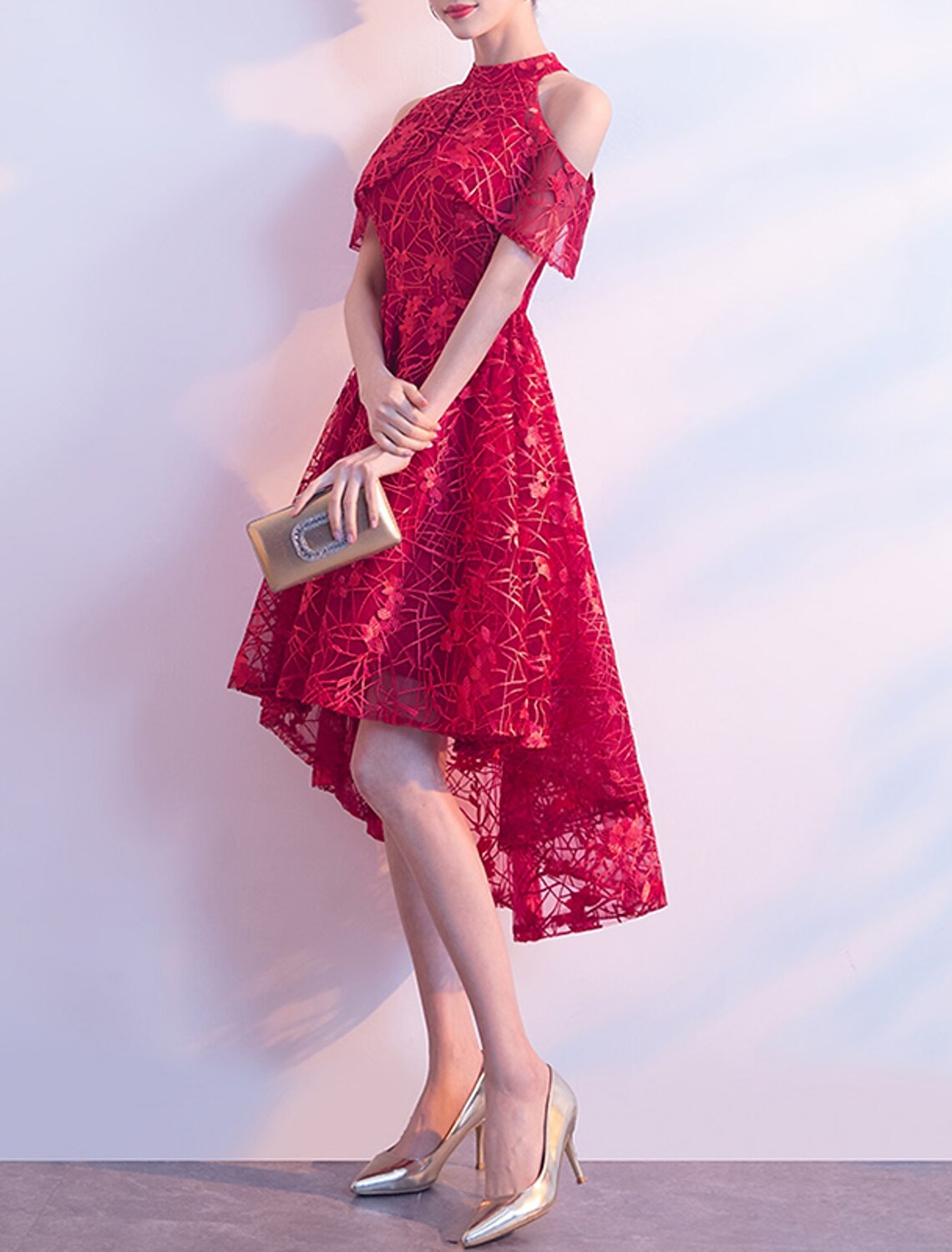 Wholesale A-Line Cocktail Dresses Minimalist Dress Wedding Guest Party Wear Asymmetrical Short Sleeve Jewel Neck Tulle with Pleats Pattern / Print