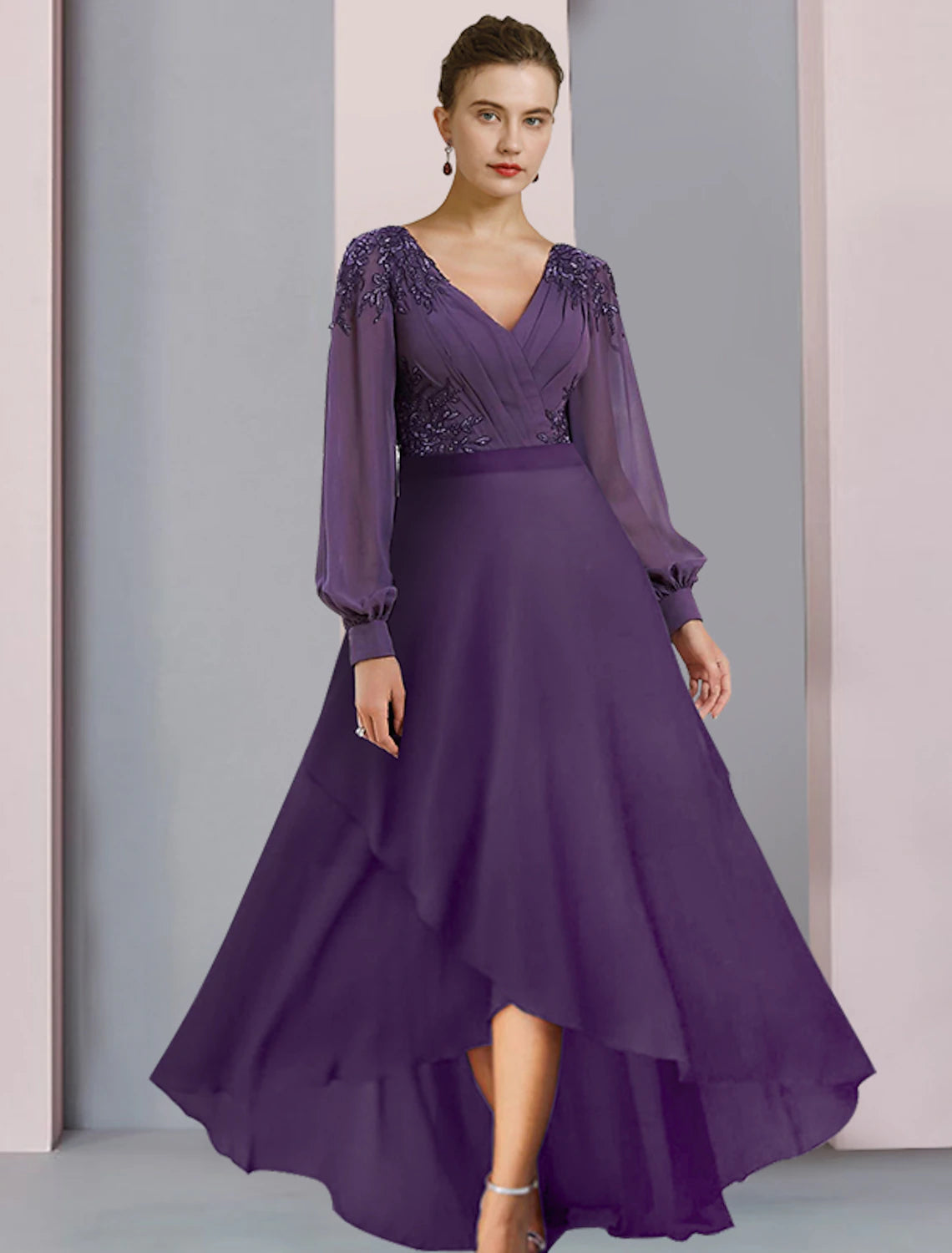 Wholesale  Sheath / Column Mother of the Bride Dress Wedding Guest Party Elegant V Neck Asymmetrical Chiffon Lace Long Sleeve with Ruching