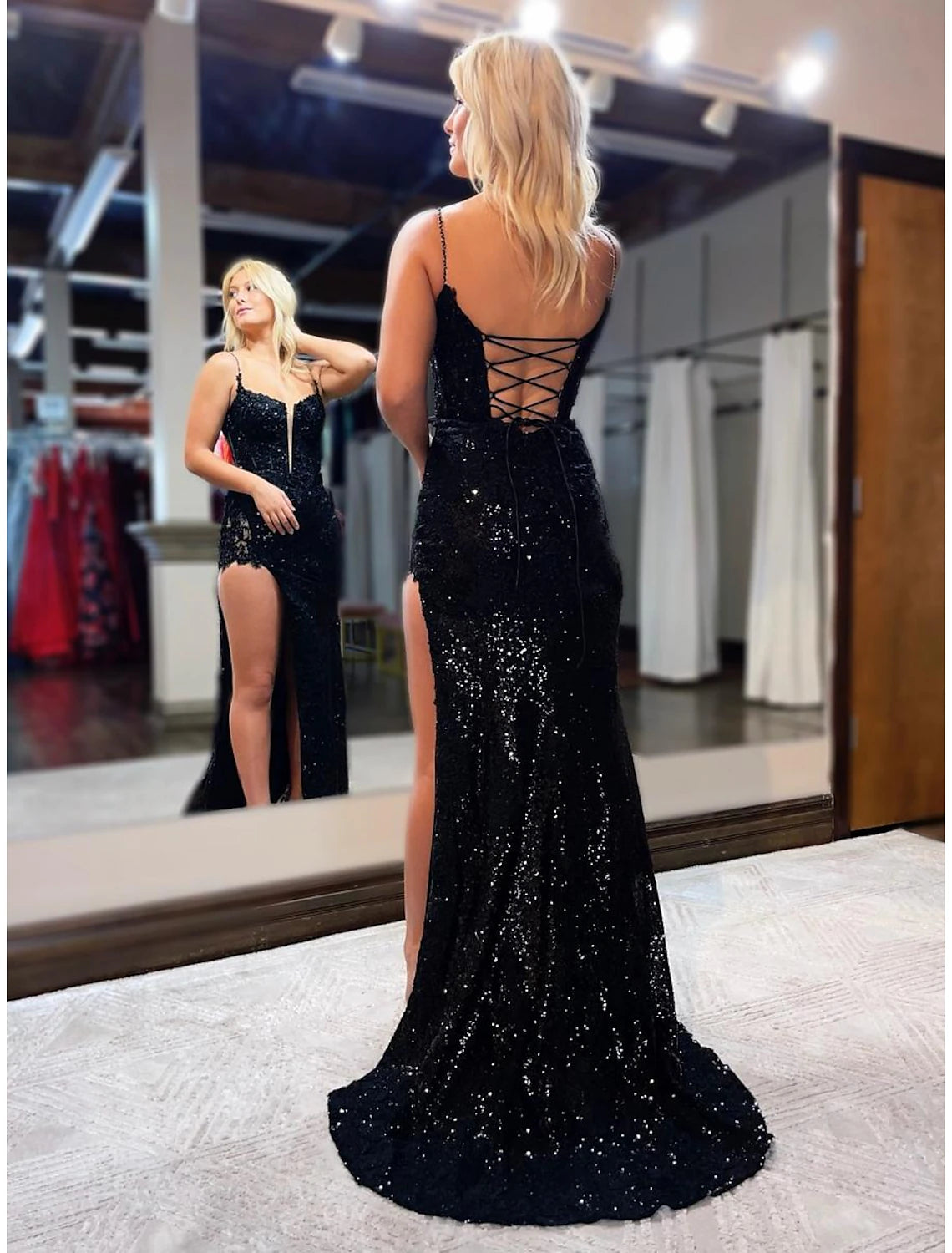 Wholesale  Mermaid / Trumpet Prom Dresses Sparkle & Shine Dress Formal Wedding Party Sweep / Brush Train Sleeveless Spaghetti Strap Sequined Backless with Beading Sequin Slit