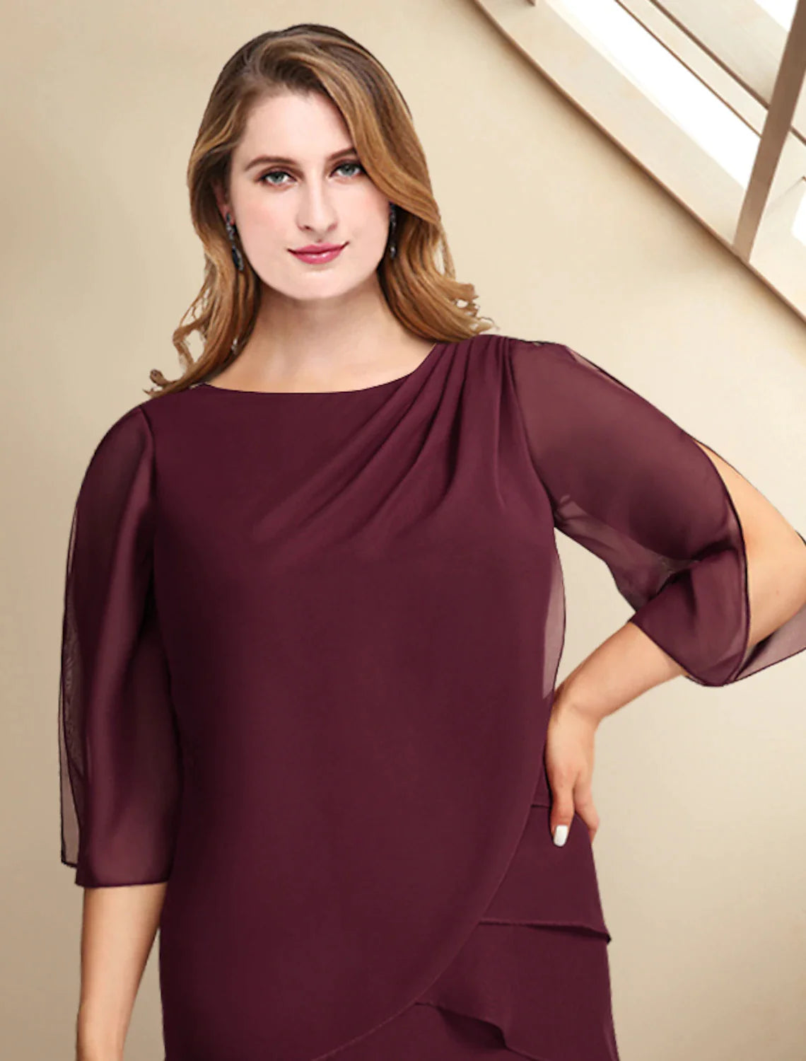 Wholesale A-Line Mother of the Bride Dresses Plus Size Hide Belly Curve Elegant Dress Formal Ankle Length Half Sleeve Jewel Neck Chiffon with Ruffles