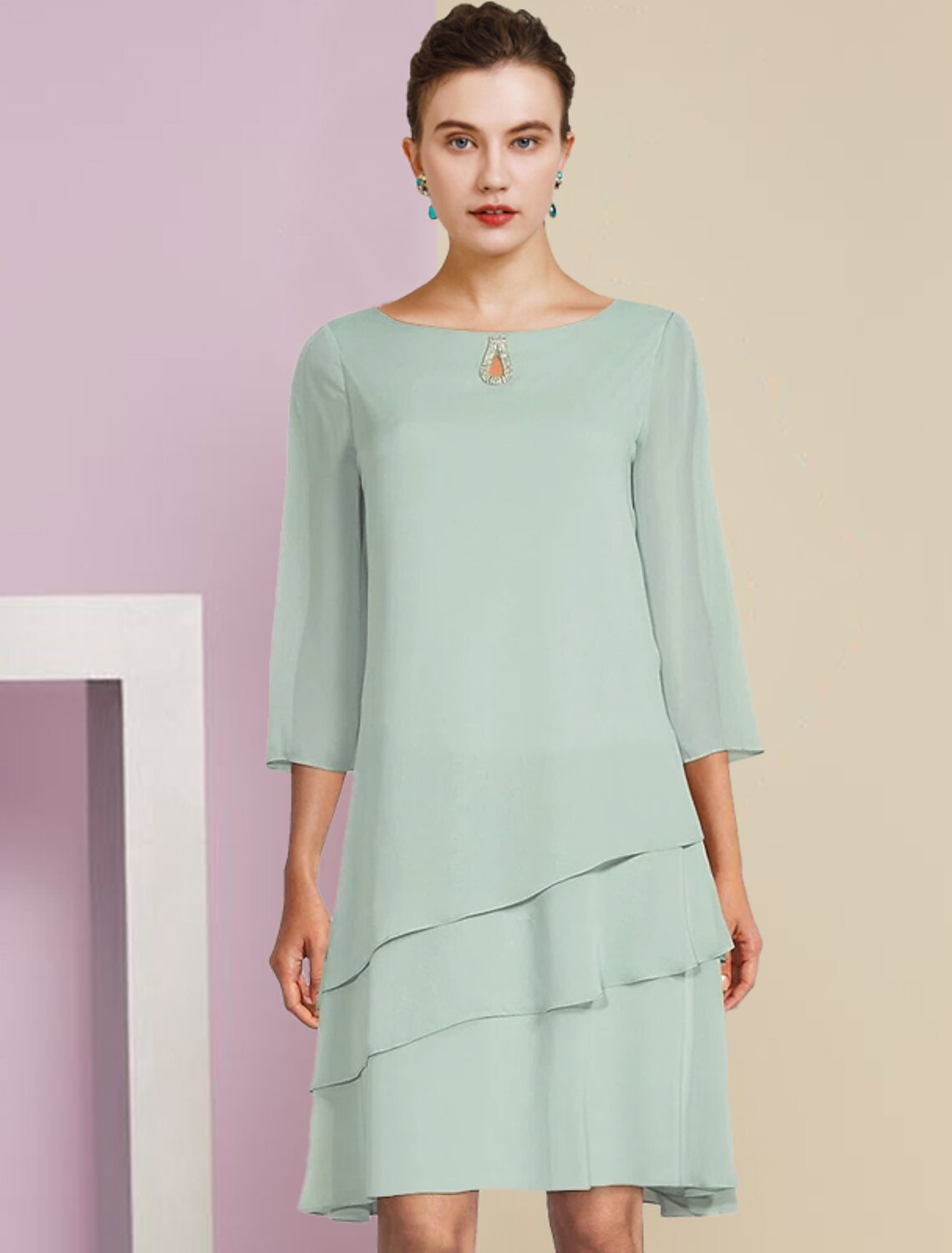 Wholesale  Two Piece A-Line Mother of the Bride Dress Formal Wedding Guest Elegant Scoop Neck Knee Length Chiffon 3/4 Length Sleeve with Tier